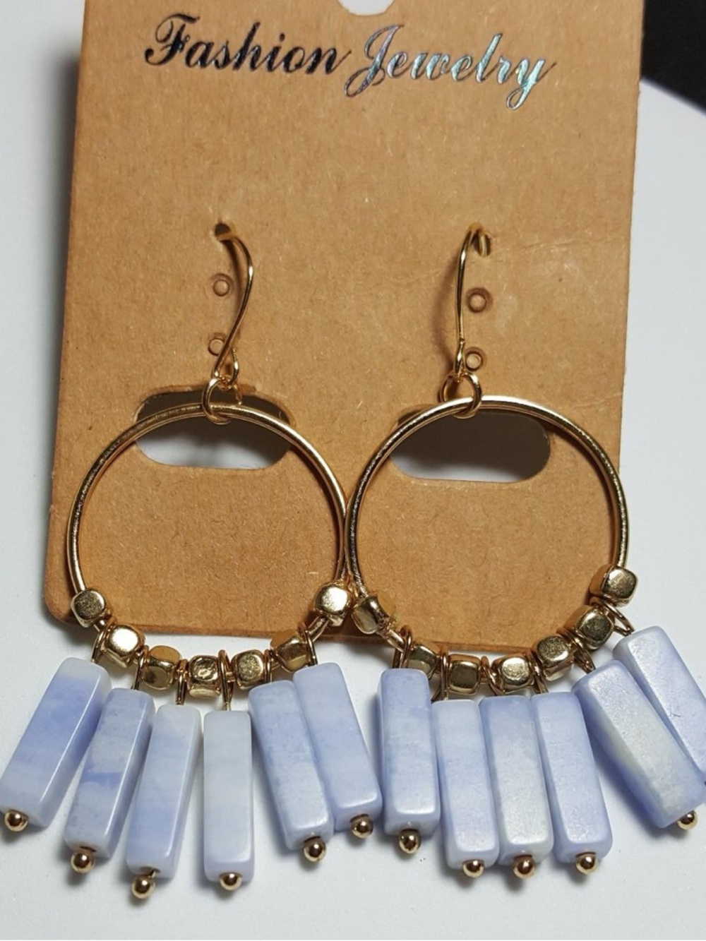 Fashion Jewelry Gold Hoop Earrings with Pale Lavender Bar Drops